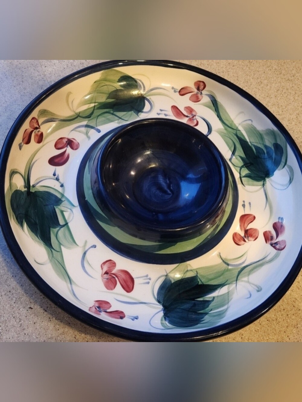 Hand-Painted Ceramic Dip Bowl and Platter in Blue, Green, and Red